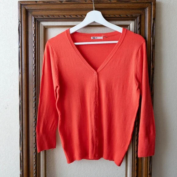 MAK Cardigan Sz L Peach Orange 3/4 Sleeve Button Up VNeck Sweater - Picture 2 of 7